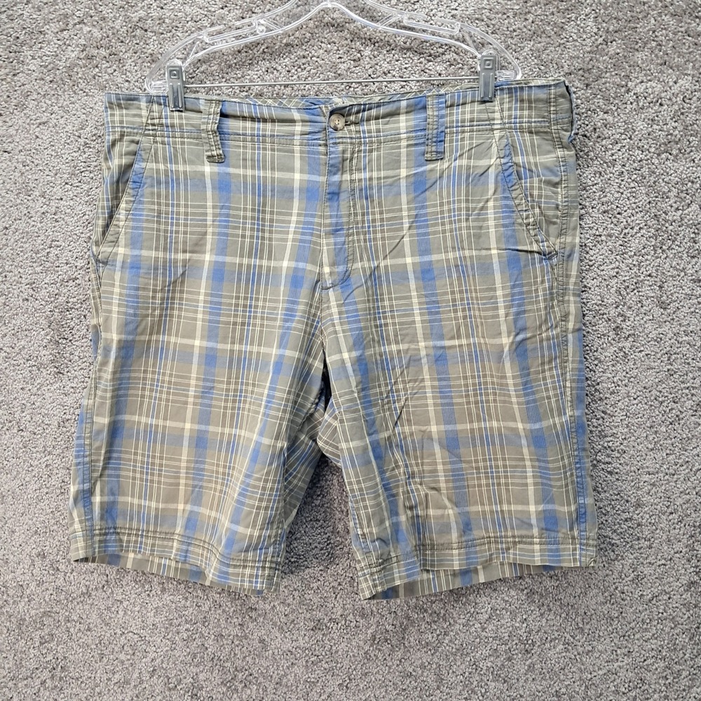 Old Navy Mens 38 Loose Plaid Shorts Blue Olive Green 100% Cotton Summer Casual